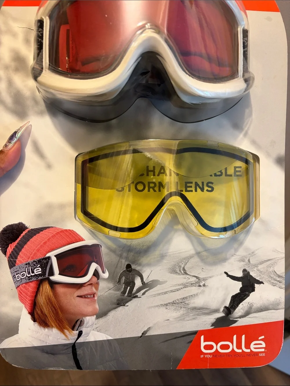 Bile White Snowboard Goggle with Red Mirror Lens and Yellow Replacement Lens